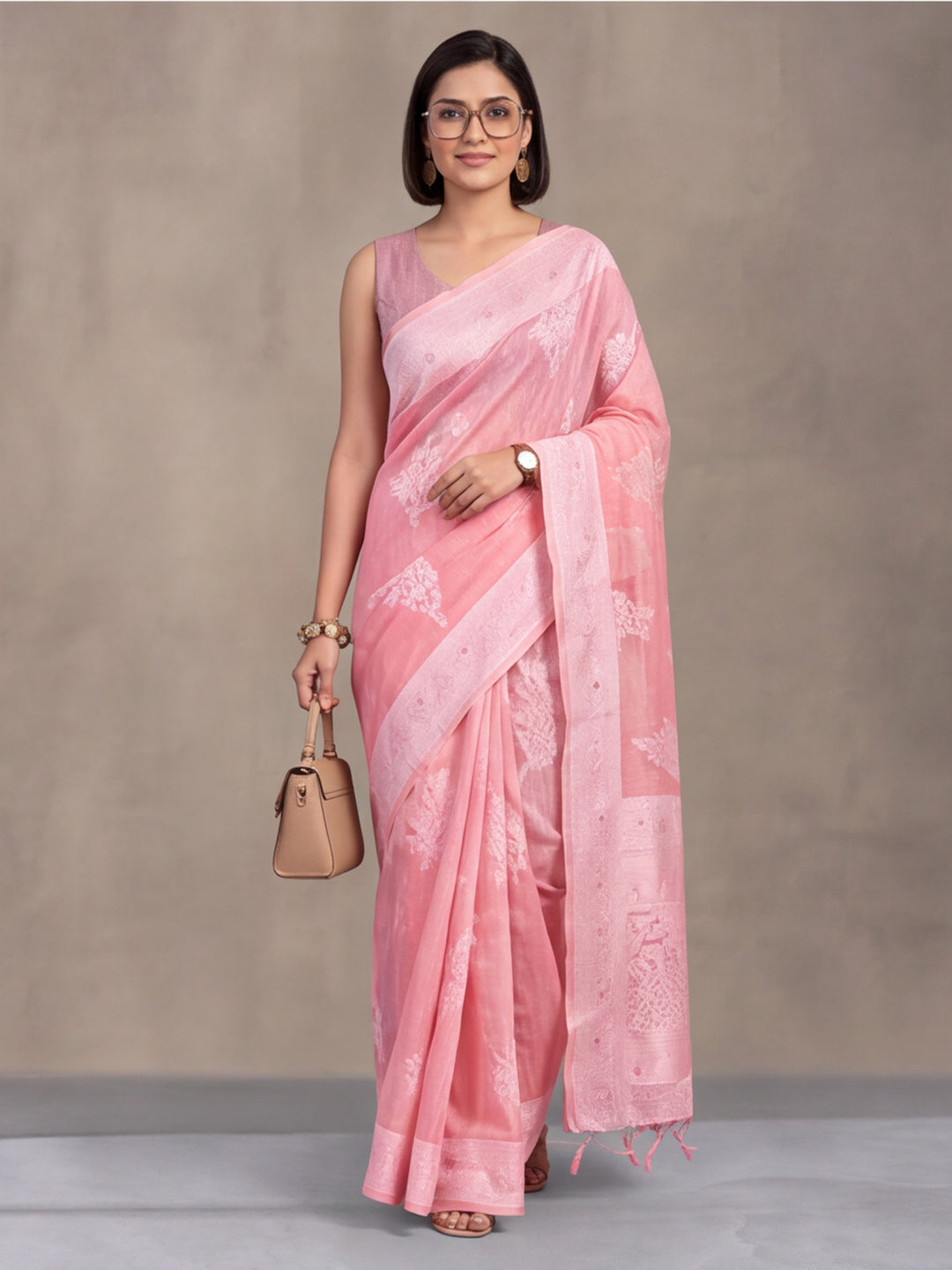 Baby Pink Color Weaving Work Cotton Saree By Jaipur Kurti