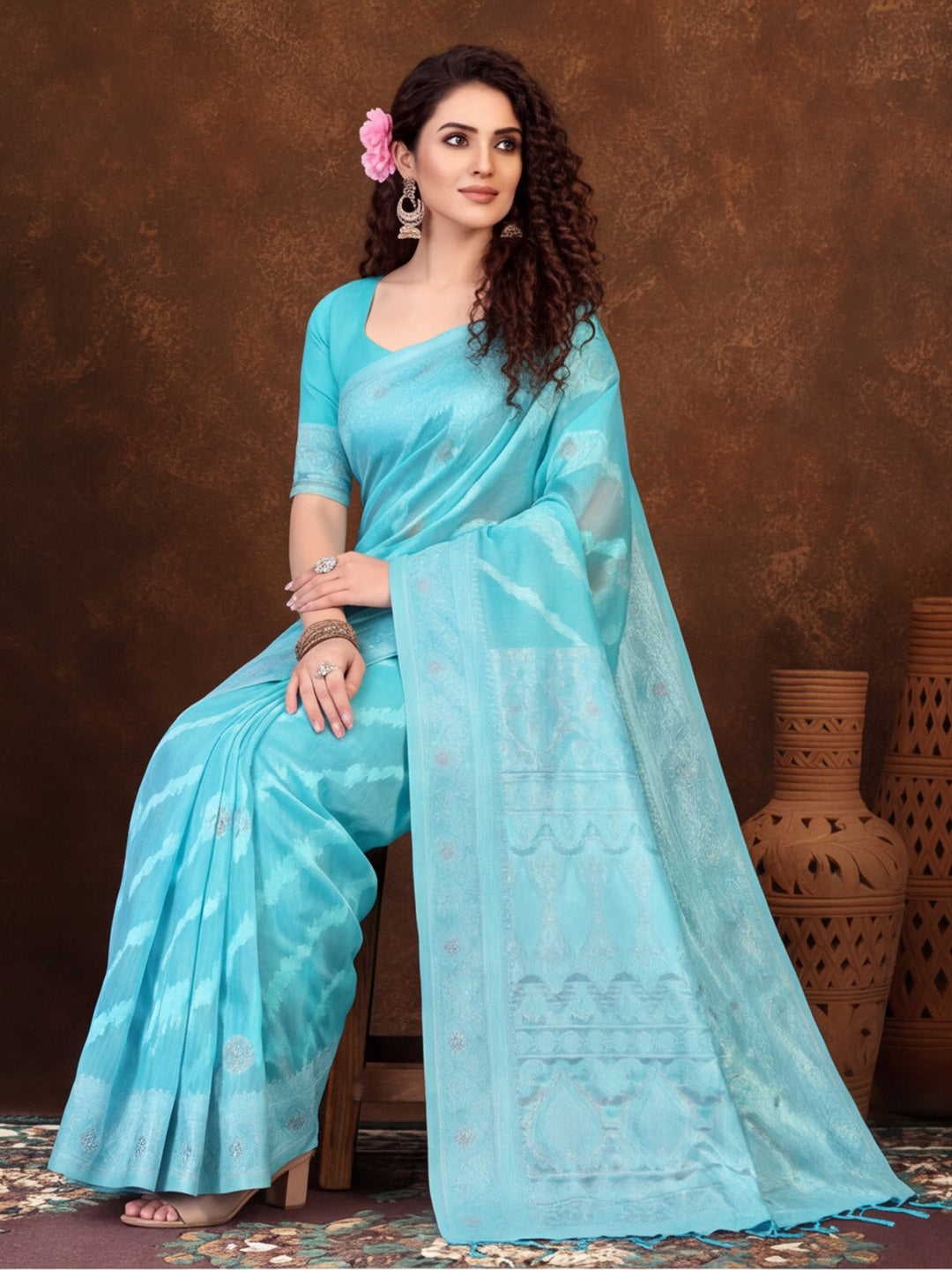 Pista Green Color Weaving Work Cotton Saree By Jaipur Kurti