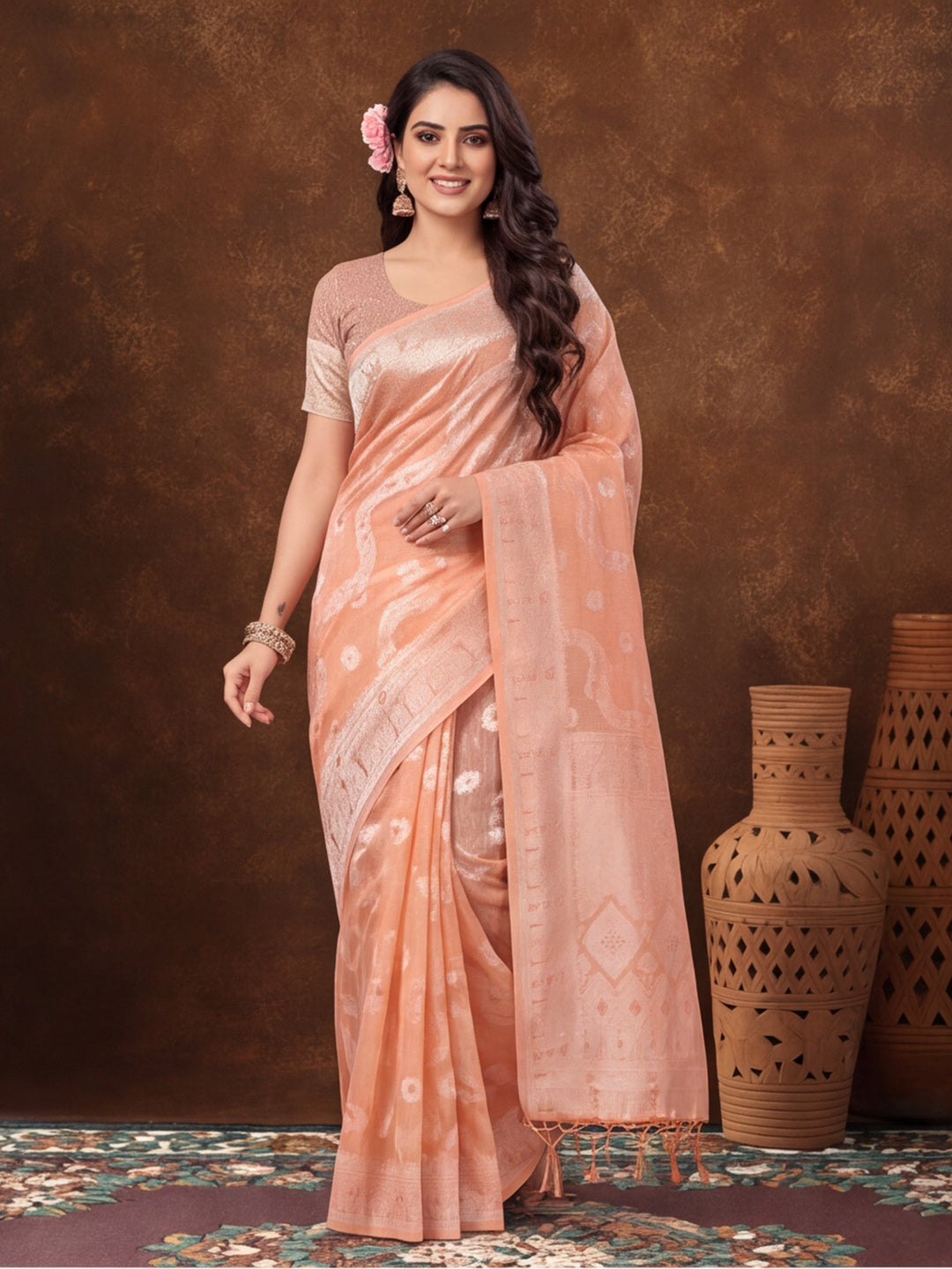 Light Peach Color Weaving Work Cotton Saree By Jaipur Kurti