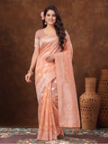 Light Peach Color Weaving Work Cotton Saree By Jaipur Kurti