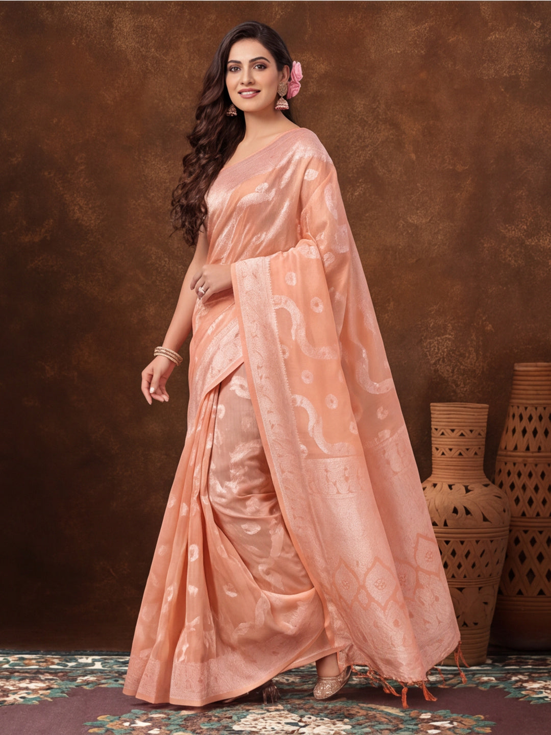 Light Peach Color Weaving Work Cotton Saree By Jaipur Kurti