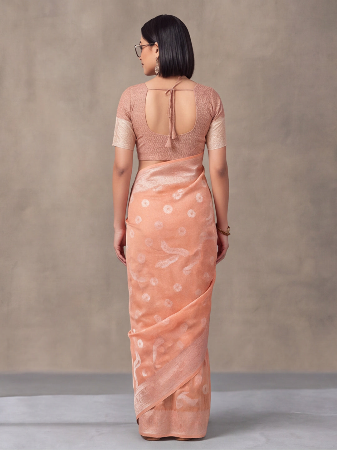 Light Peach Color Weaving Work Cotton Saree By Jaipur Kurti