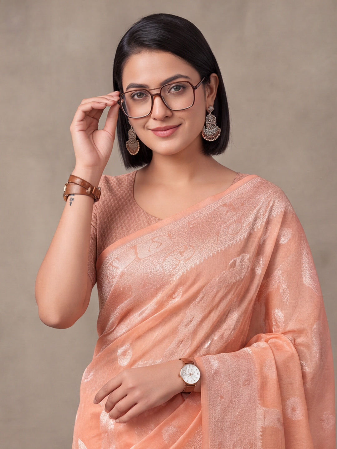 Light Peach Color Weaving Work Cotton Saree By Jaipur Kurti