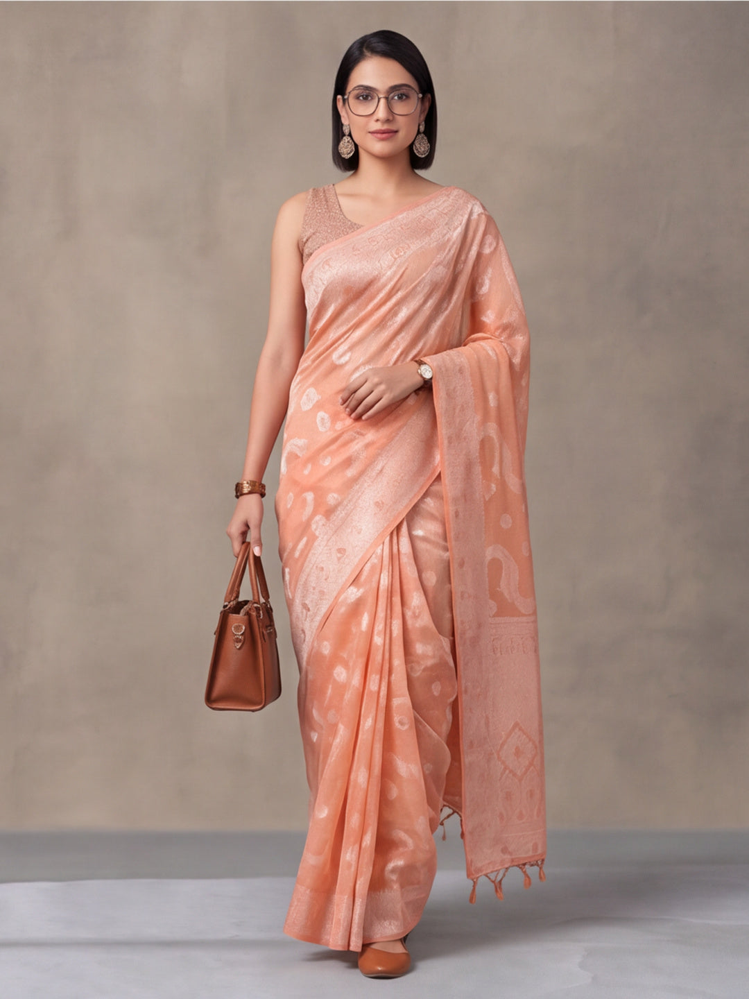 Light Peach Color Weaving Work Cotton Saree By Jaipur Kurti