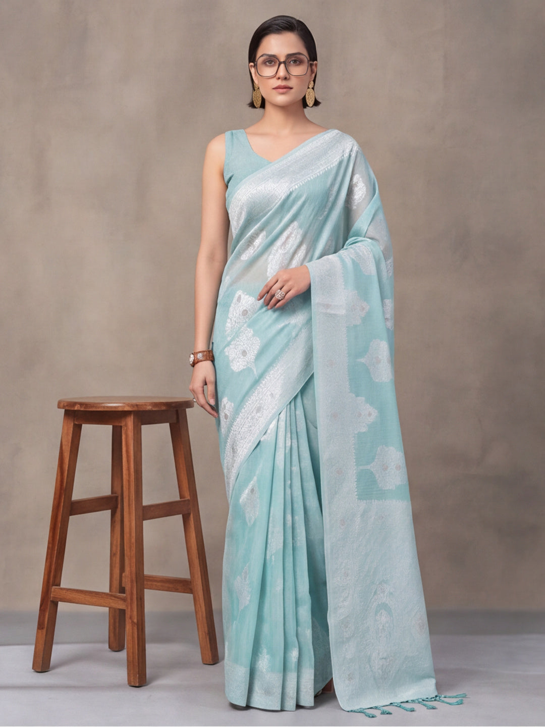 Light Blue Color Weaving Work Cotton Saree By Jaipur Kurti