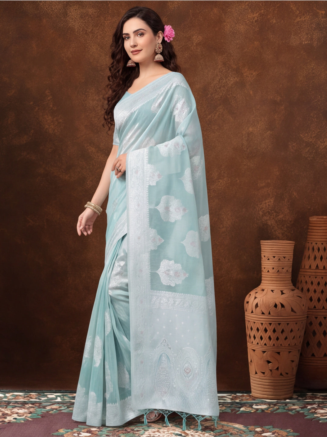 Light Blue Color Weaving Work Cotton Saree By Jaipur Kurti
