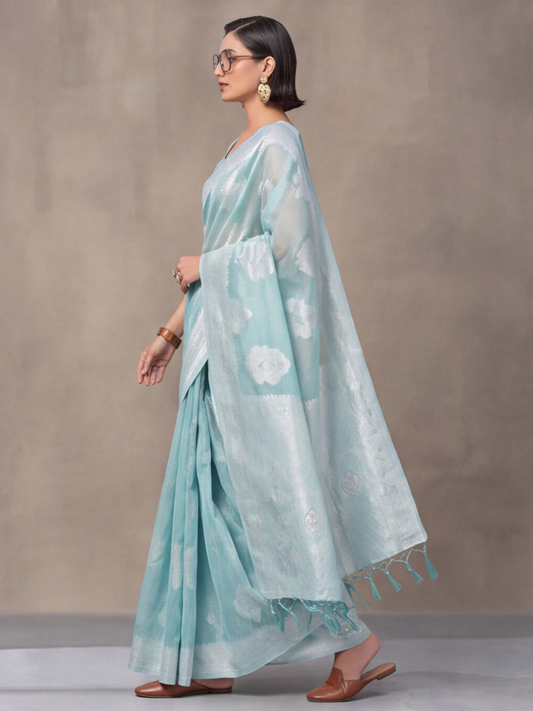 Light Blue Color Weaving Work Cotton Saree By Jaipur Kurti
