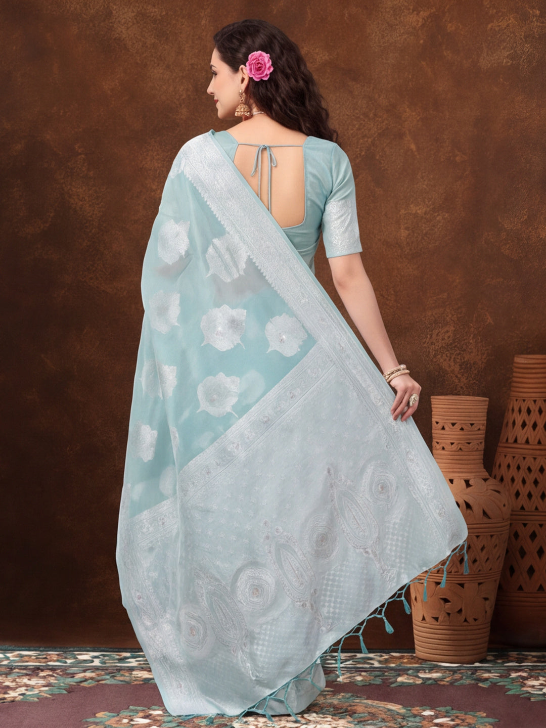 Light Blue Color Weaving Work Cotton Saree By Jaipur Kurti