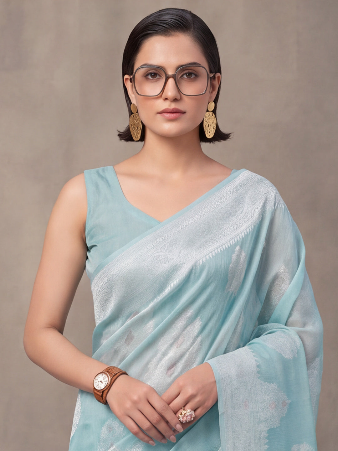 Light Blue Color Weaving Work Cotton Saree By Jaipur Kurti