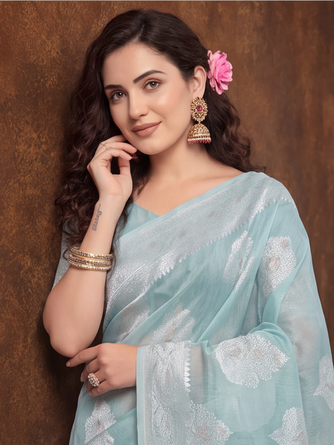 Light Blue Color Weaving Work Cotton Saree By Jaipur Kurti