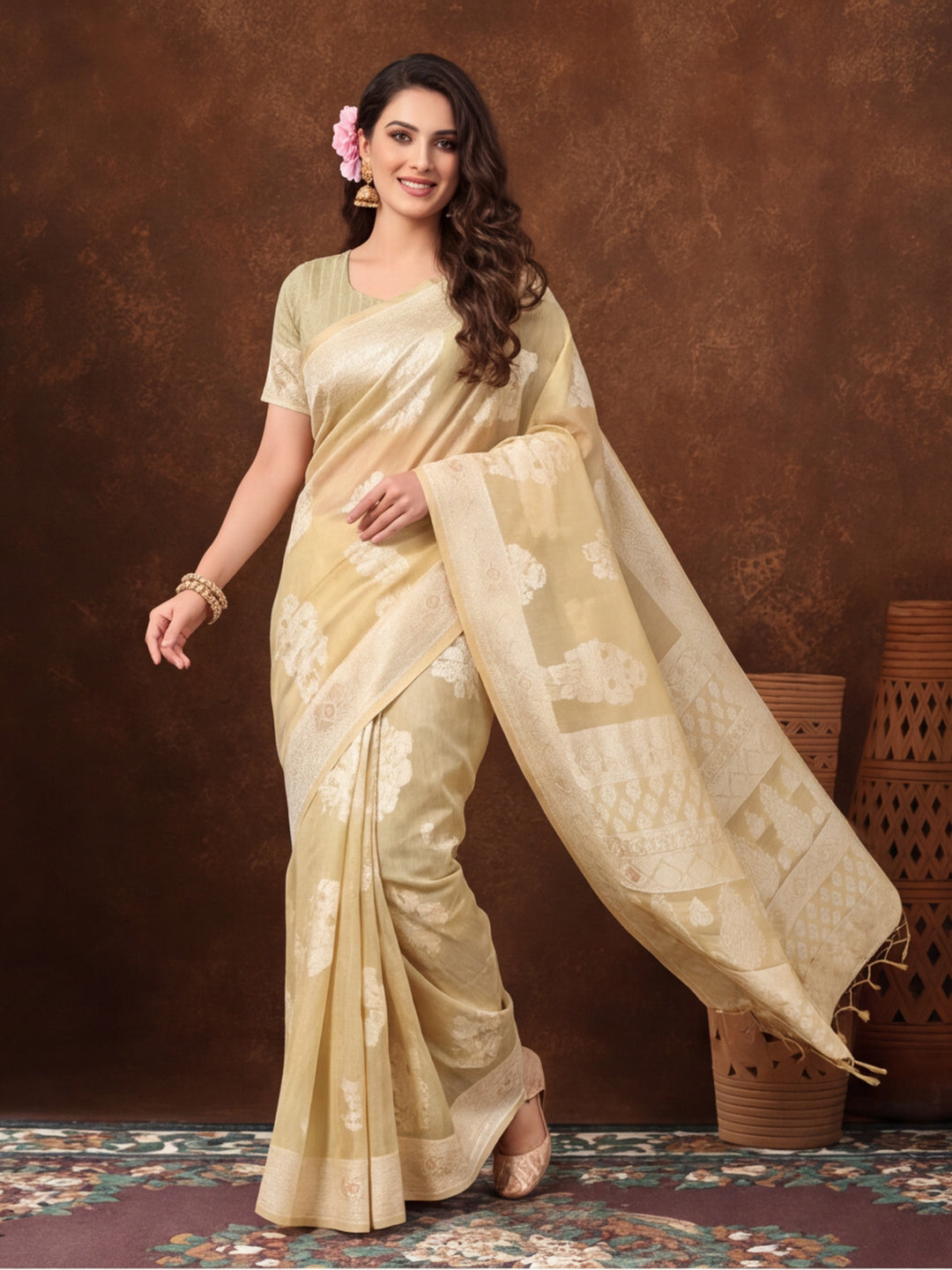 Light Beige Color Weaving Work Cotton Saree By Jaipur Kurti