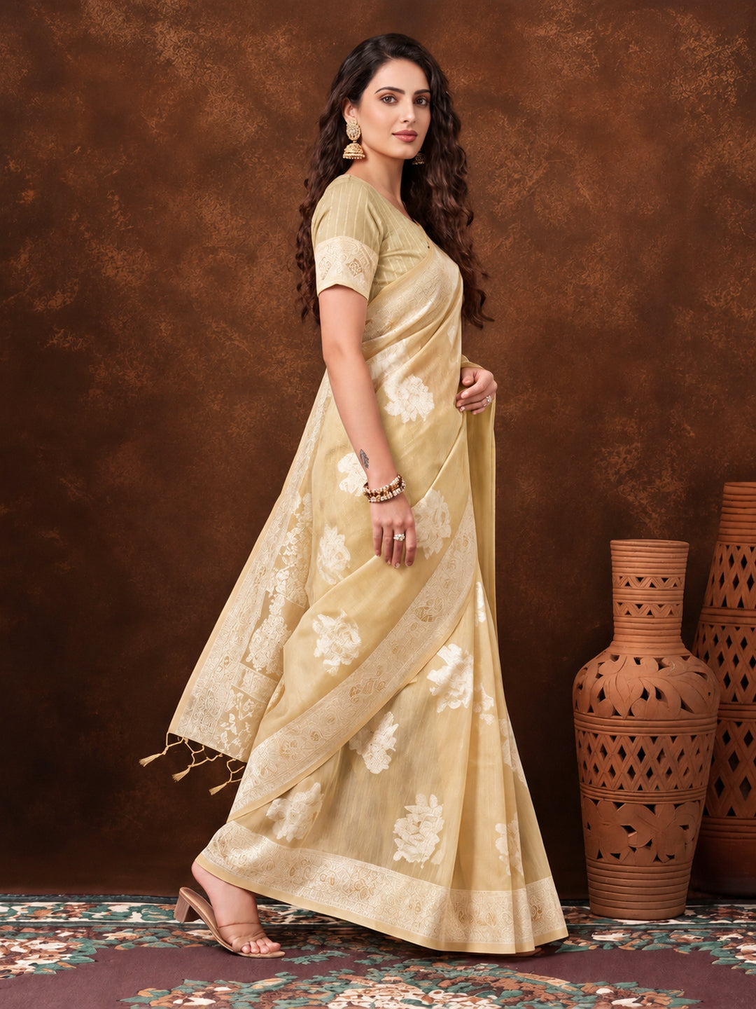 Light Beige Color Weaving Work Cotton Saree By Jaipur Kurti