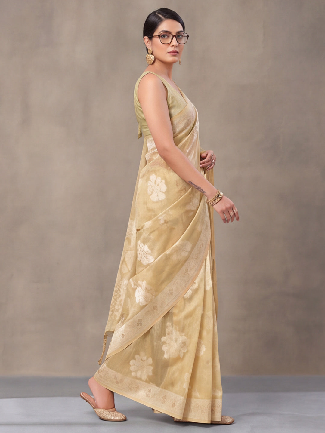 Light Beige Color Weaving Work Cotton Saree By Jaipur Kurti