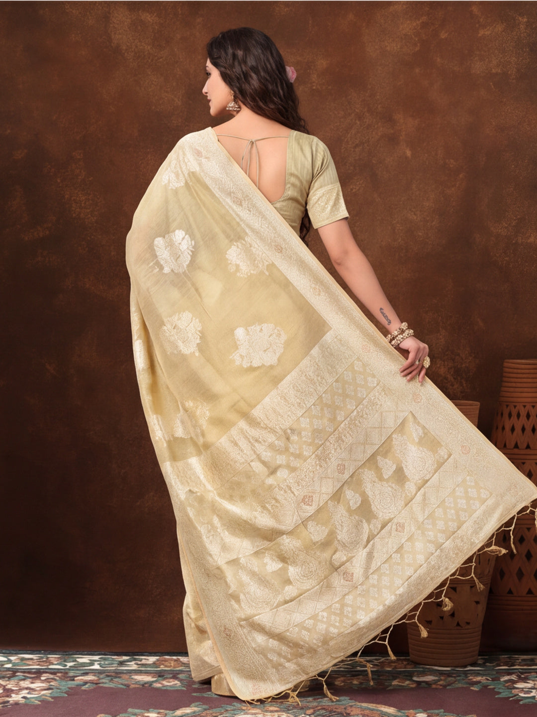 Light Beige Color Weaving Work Cotton Saree By Jaipur Kurti