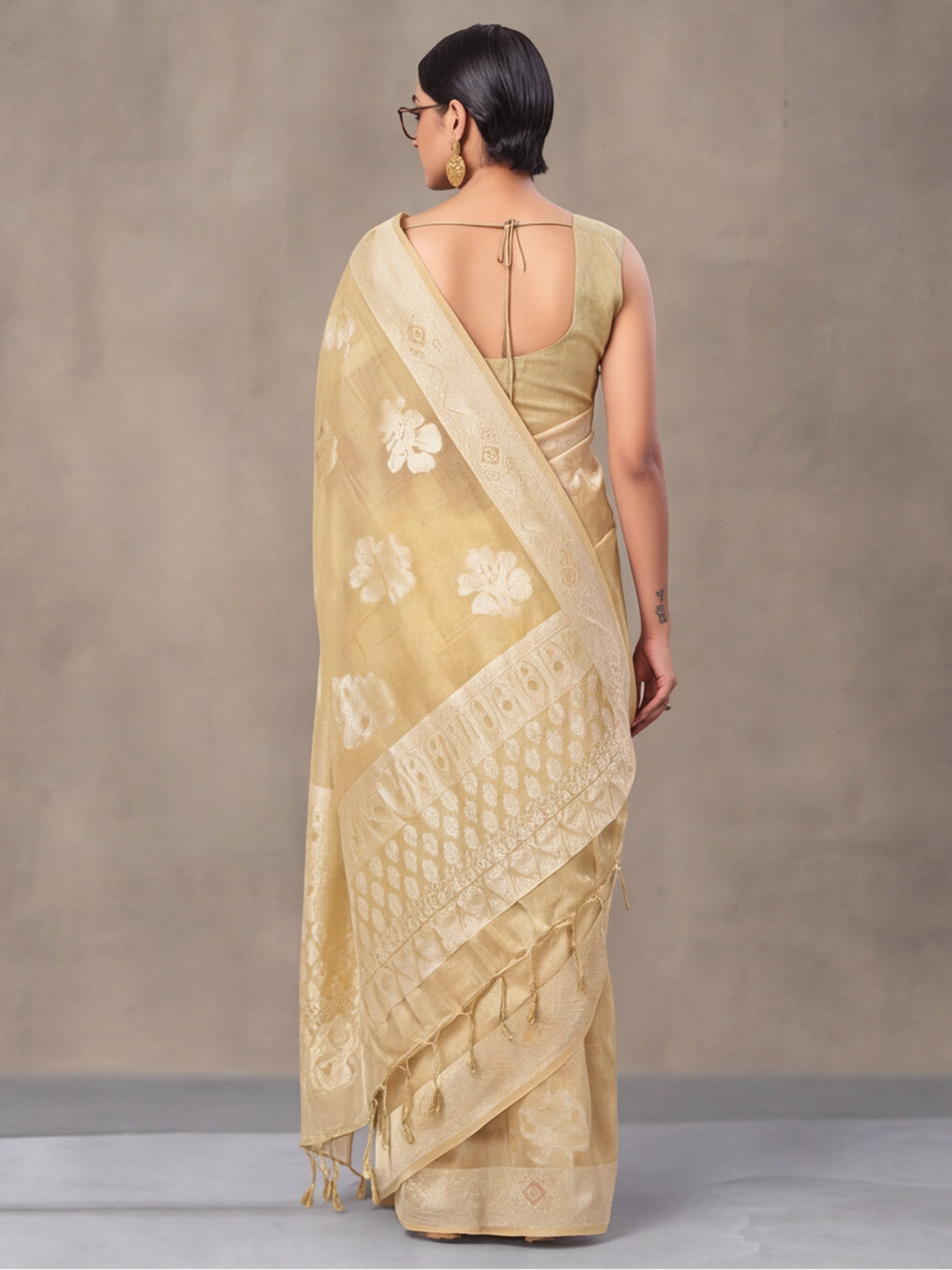 Light Beige Color Weaving Work Cotton Saree By Jaipur Kurti