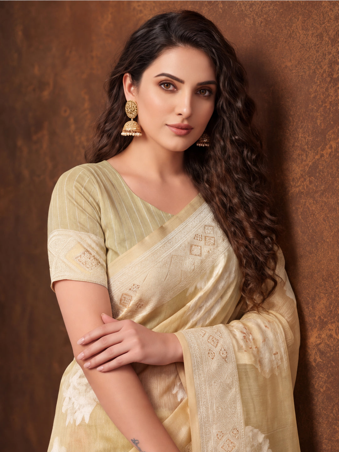 Light Beige Color Weaving Work Cotton Saree By Jaipur Kurti