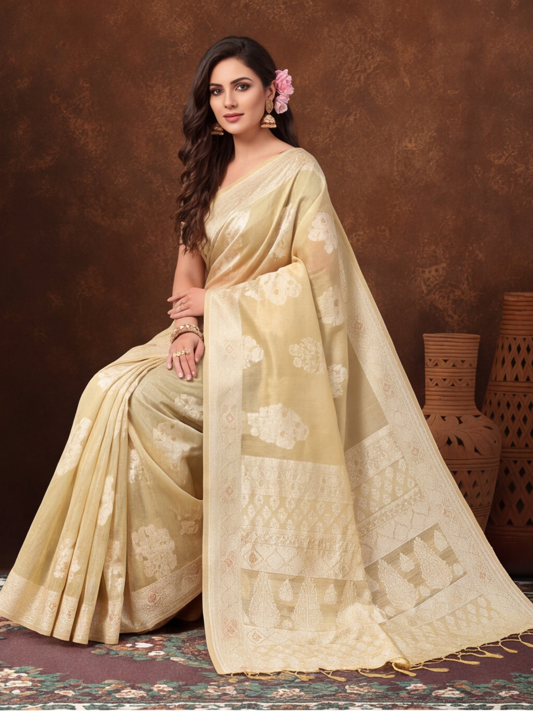 Light Beige Color Weaving Work Cotton Saree By Jaipur Kurti