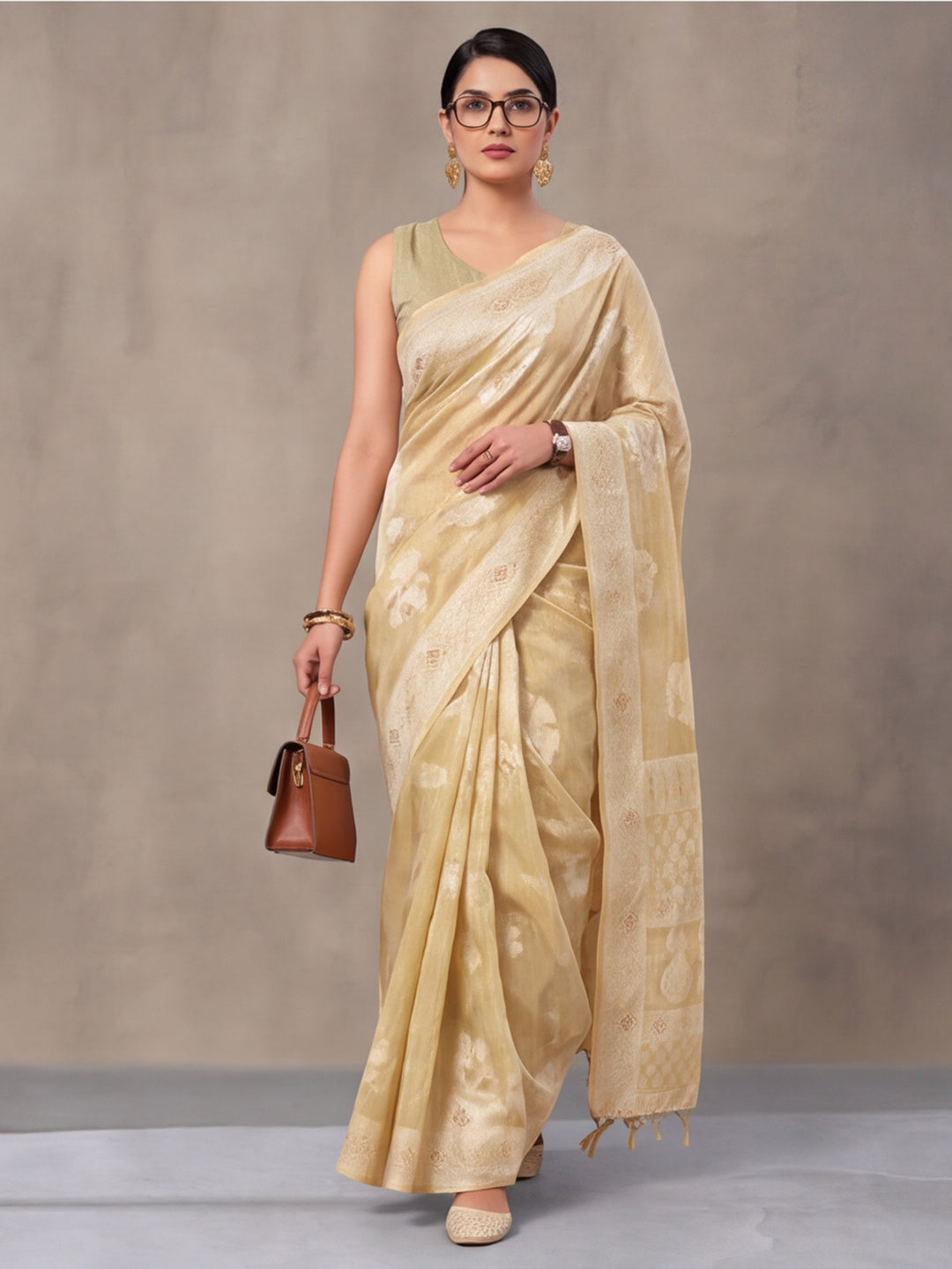 Light Beige Color Weaving Work Cotton Saree By Jaipur Kurti