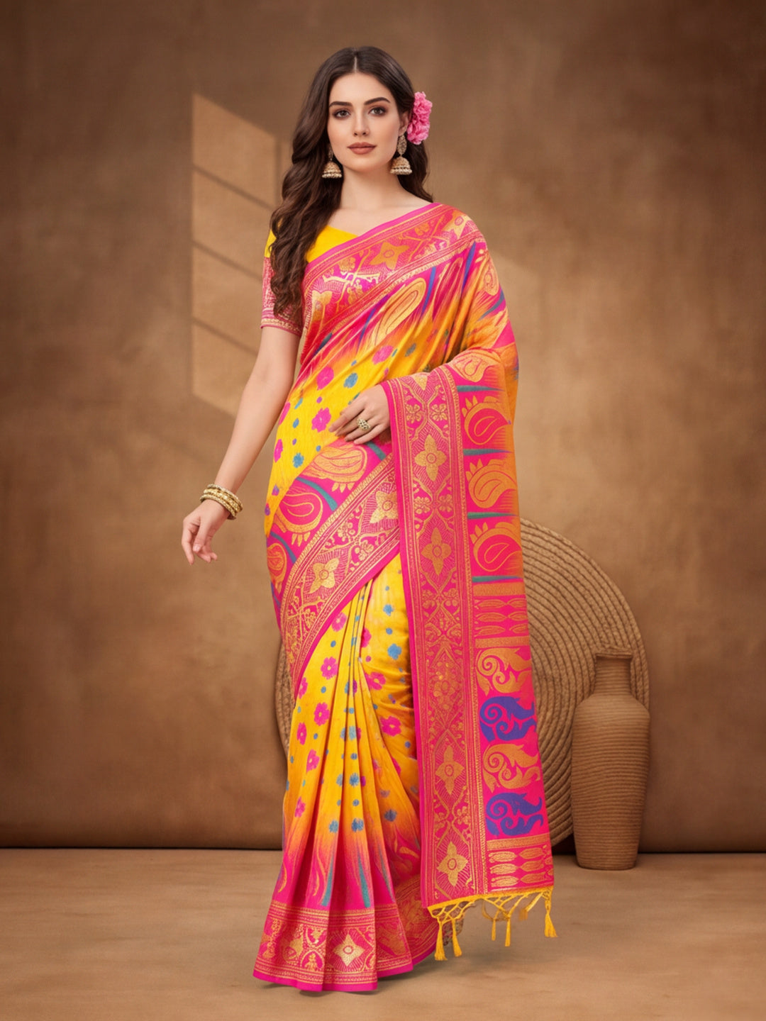 Yellow,Pink Color Weaving Work Banarasi Silk Saree By Jaipur Kurti