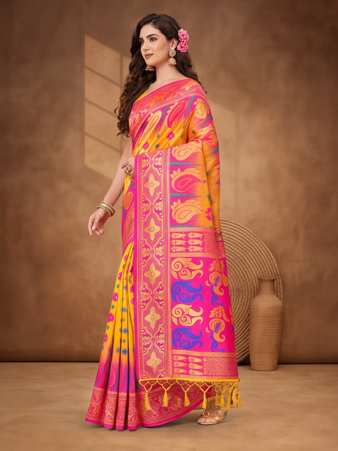 Yellow,Pink Color Weaving Work Banarasi Silk Saree By Jaipur Kurti