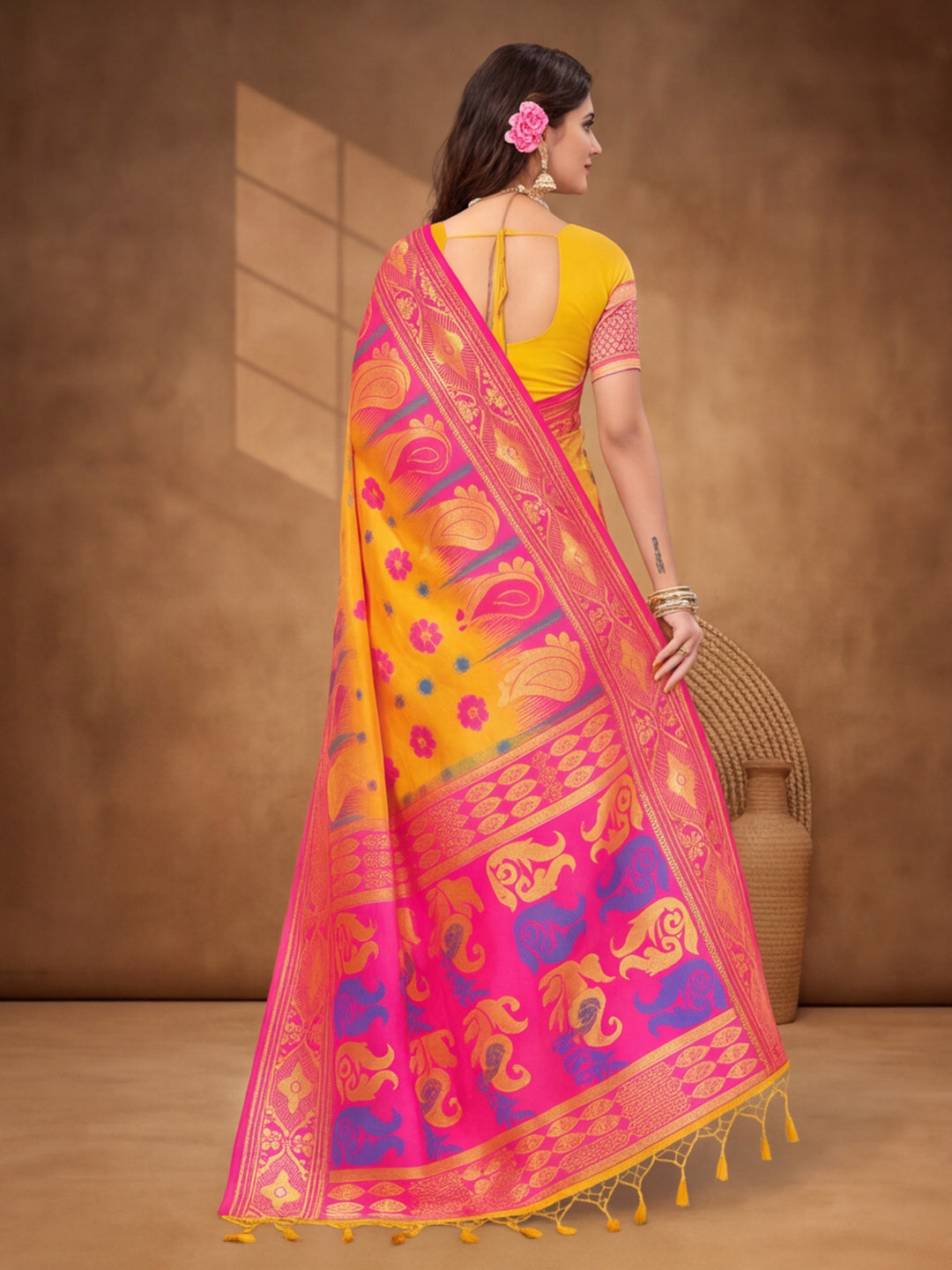 Yellow,Pink Color Weaving Work Banarasi Silk Saree By Jaipur Kurti