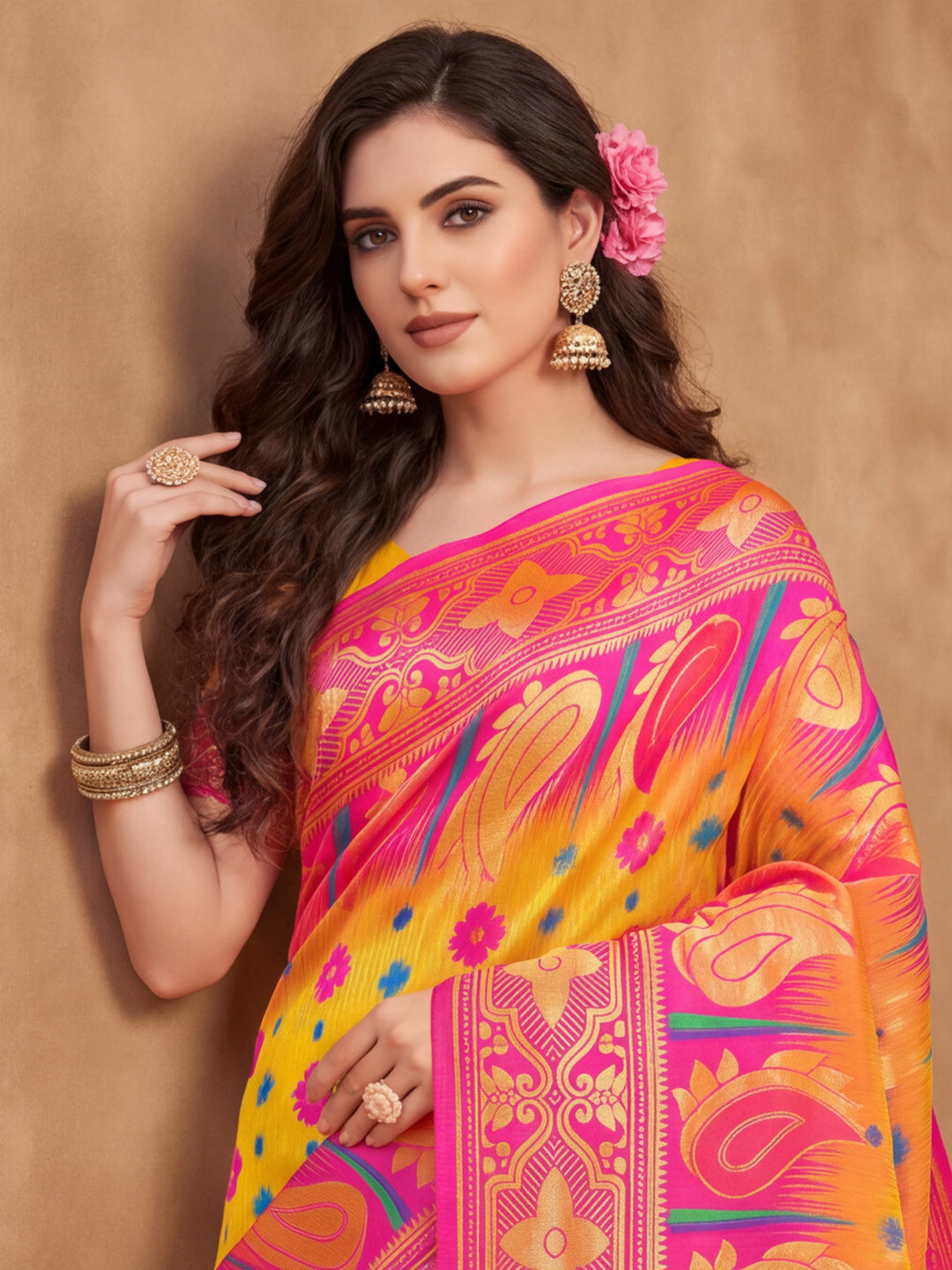 Yellow,Pink Color Weaving Work Banarasi Silk Saree By Jaipur Kurti