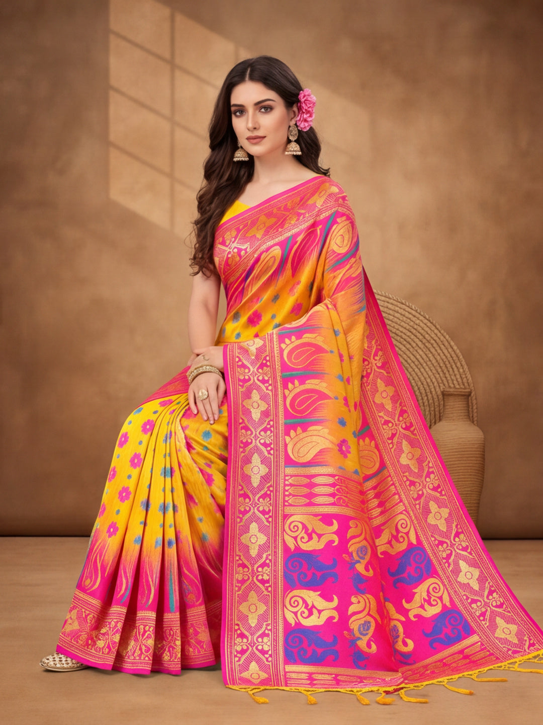 Yellow,Pink Color Weaving Work Banarasi Silk Saree By Jaipur Kurti