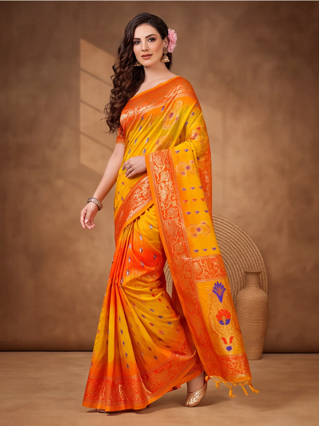 Gold,Orange Color Weaving Work Banarasi Silk Saree By Jaipur Kurti