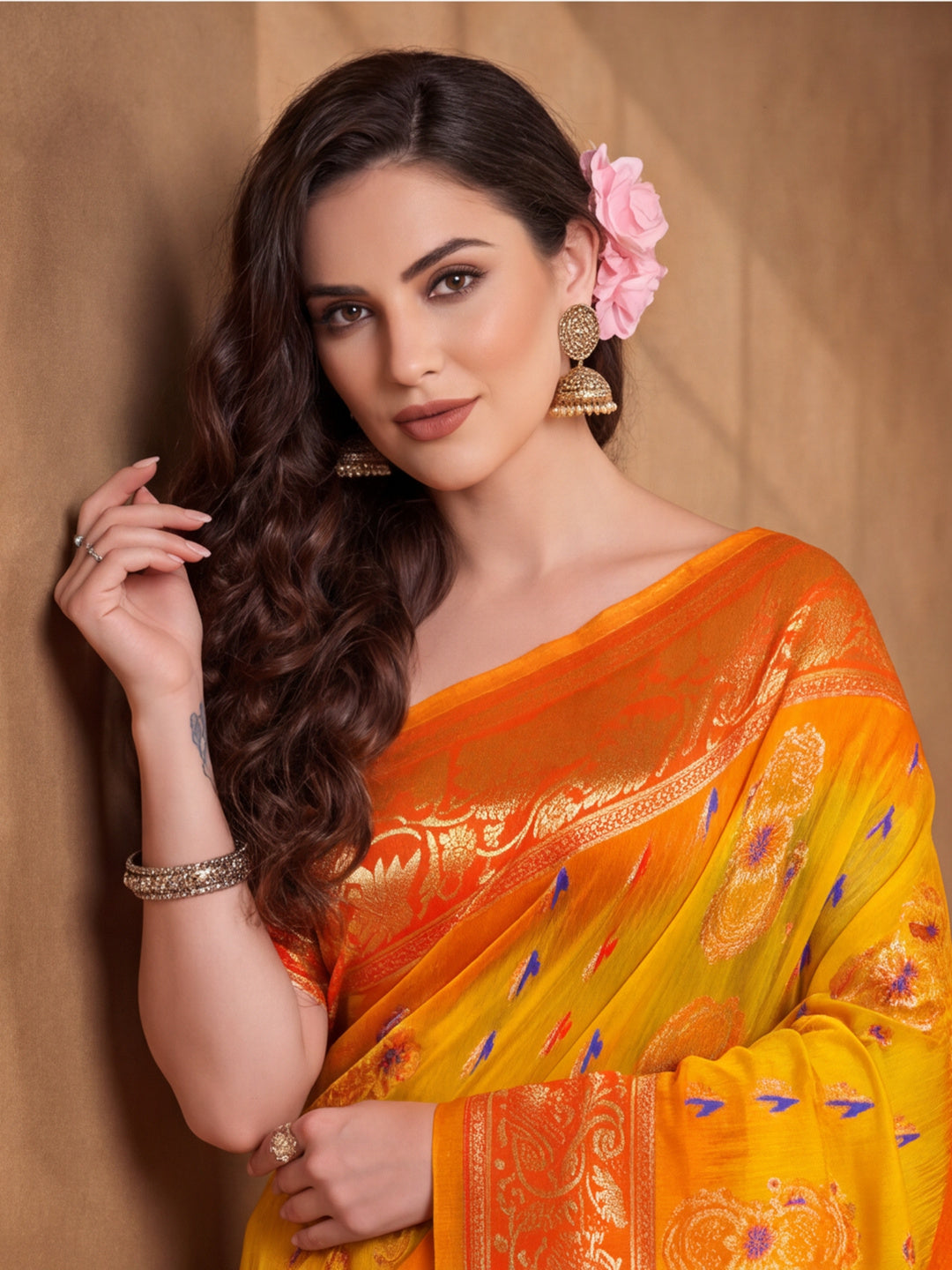 Gold,Orange Color Weaving Work Banarasi Silk Saree By Jaipur Kurti