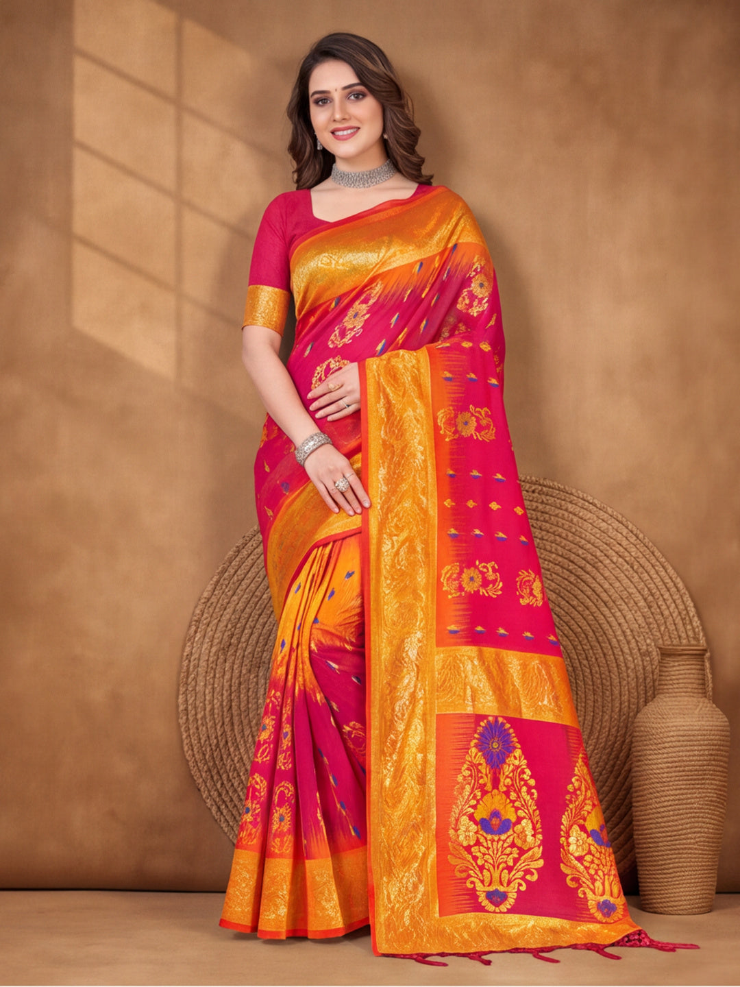 Yellow,Wine Color Weaving Work Banarasi Silk Saree By Jaipur Kurti
