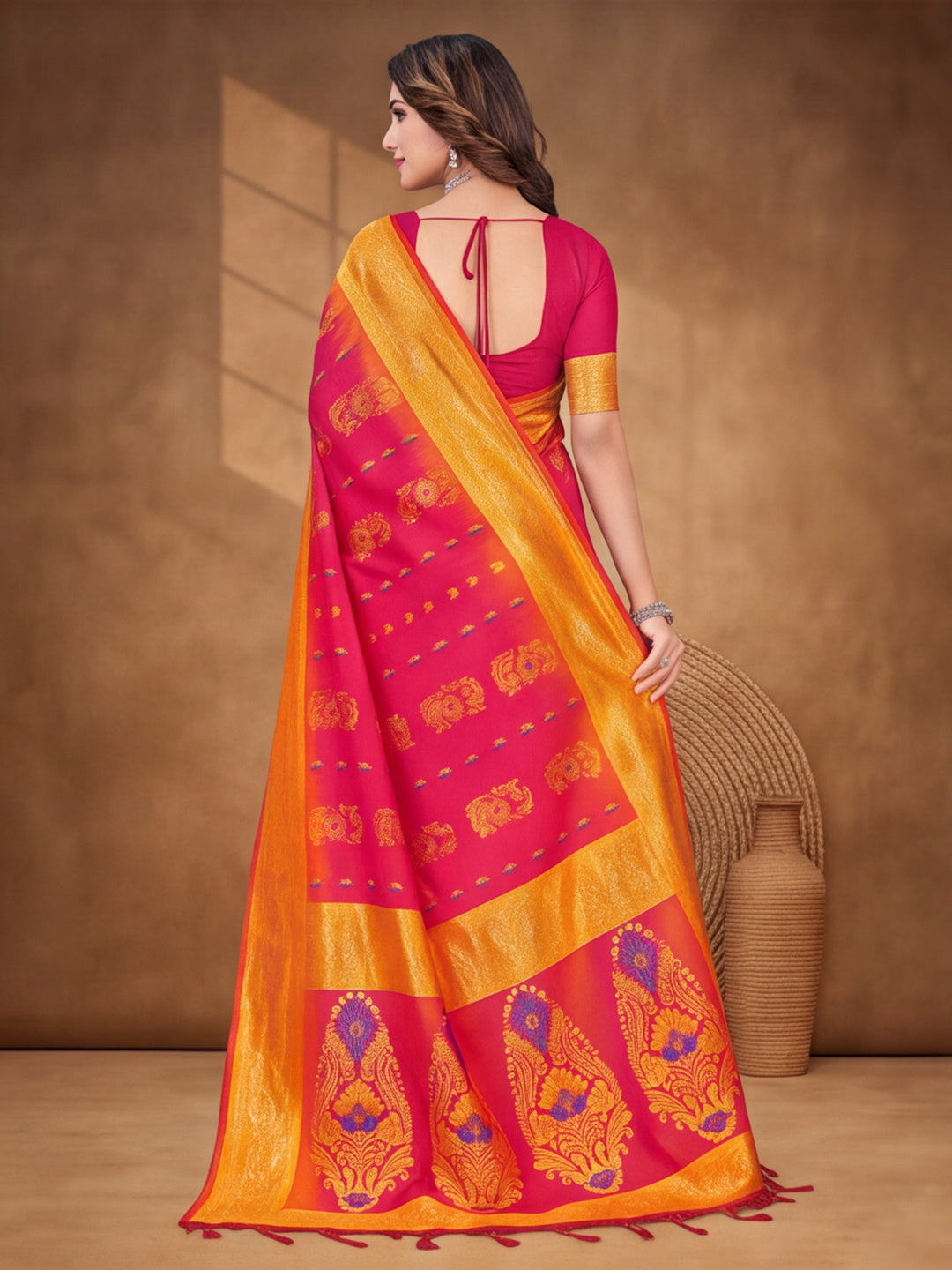 Yellow,Wine Color Weaving Work Banarasi Silk Saree By Jaipur Kurti