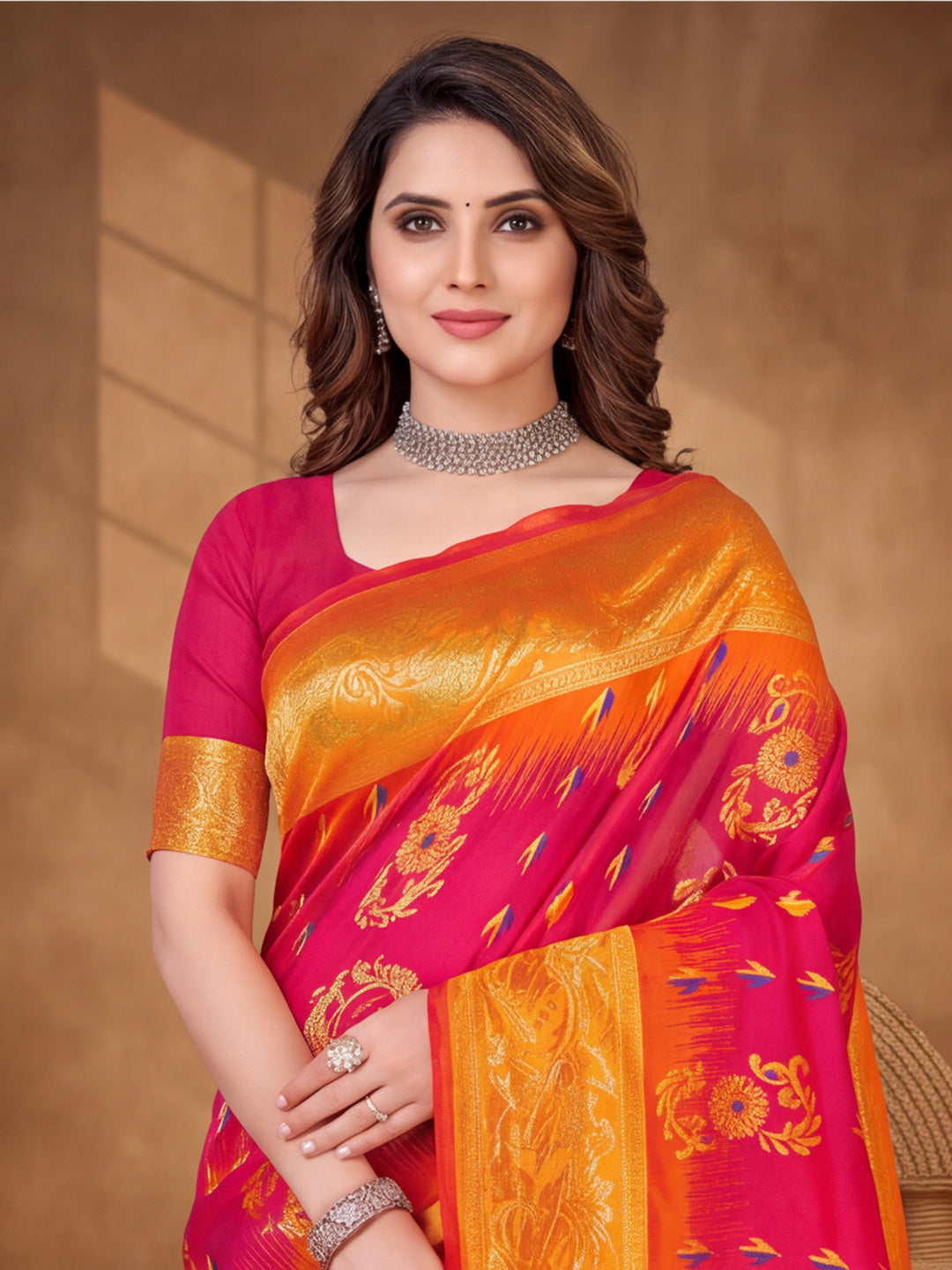 Yellow,Wine Color Weaving Work Banarasi Silk Saree By Jaipur Kurti