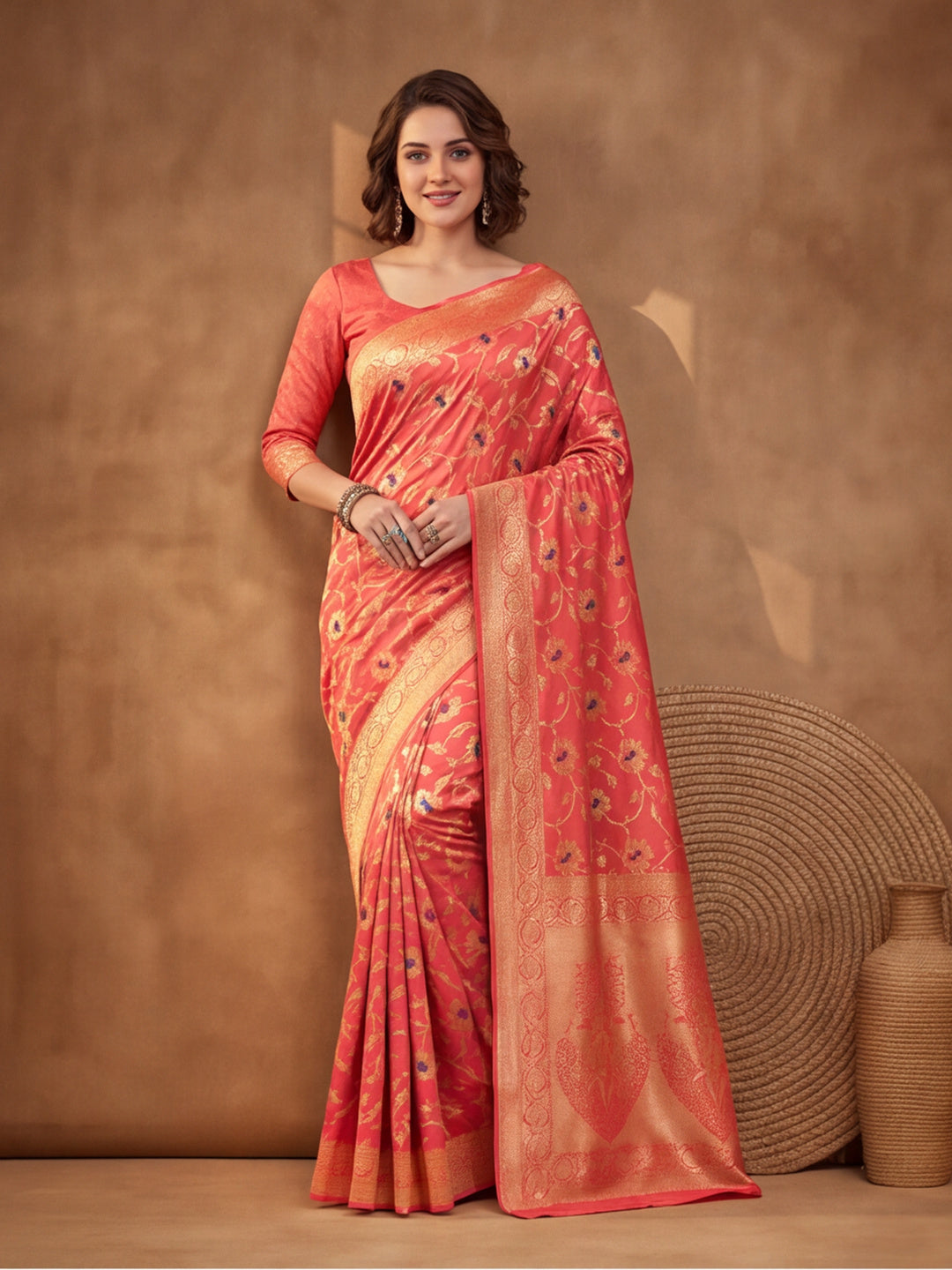 Jaipur Kurti Women'S Designer Weaving Work Red,Gold Saree