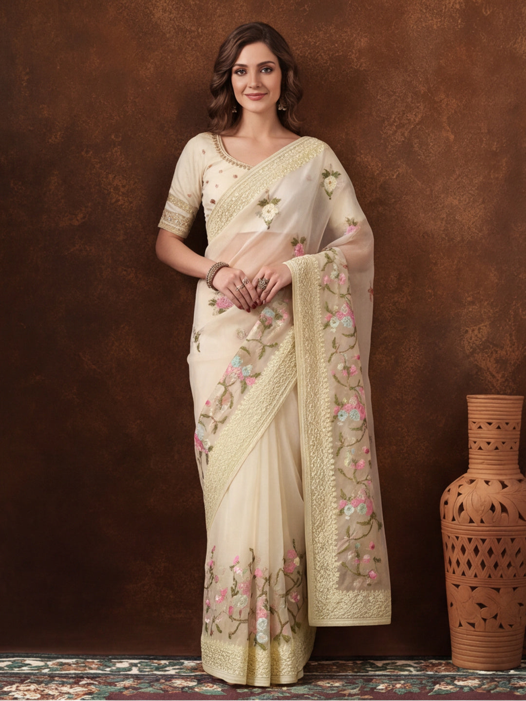 Light Yellow Organza Saree with Delicate Embroidered Designs by Jaipur Kurti