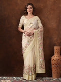 Light Yellow Organza Saree with Delicate Embroidered Designs by Jaipur Kurti
