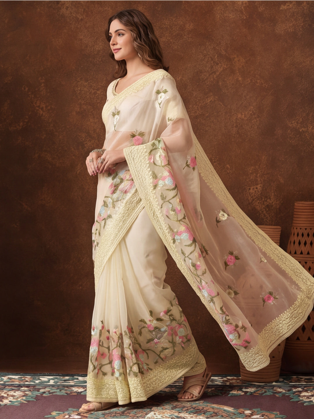 Light Yellow Organza Saree with Delicate Embroidered Designs by Jaipur Kurti