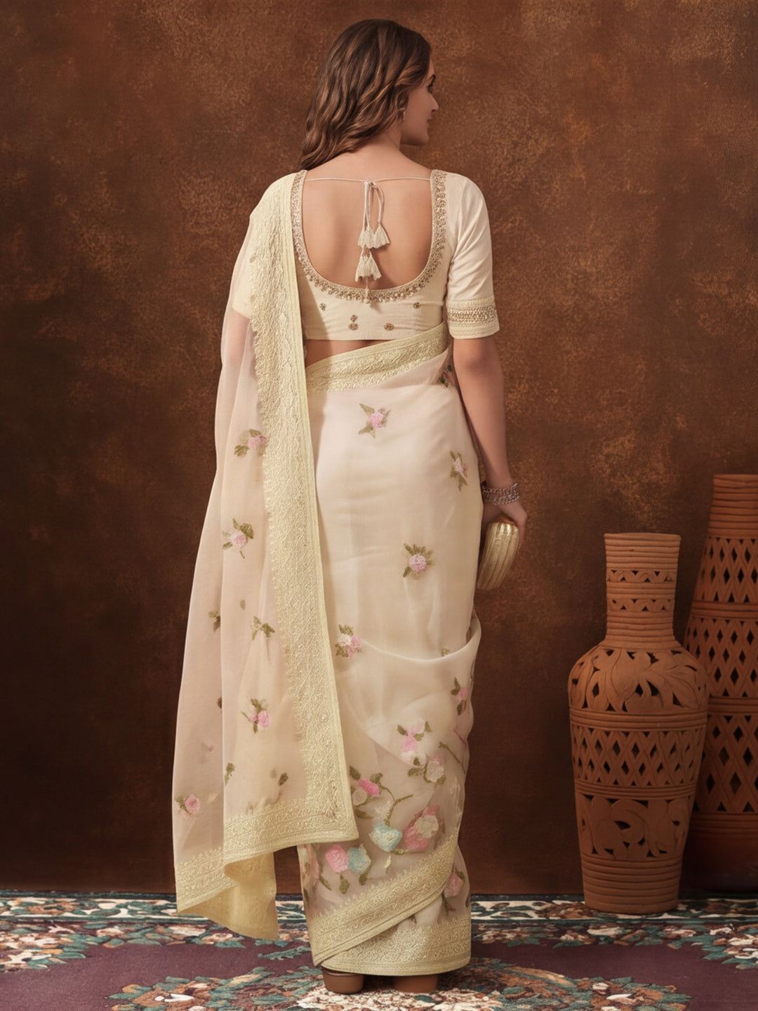Light Yellow Organza Saree with Delicate Embroidered Designs by Jaipur Kurti