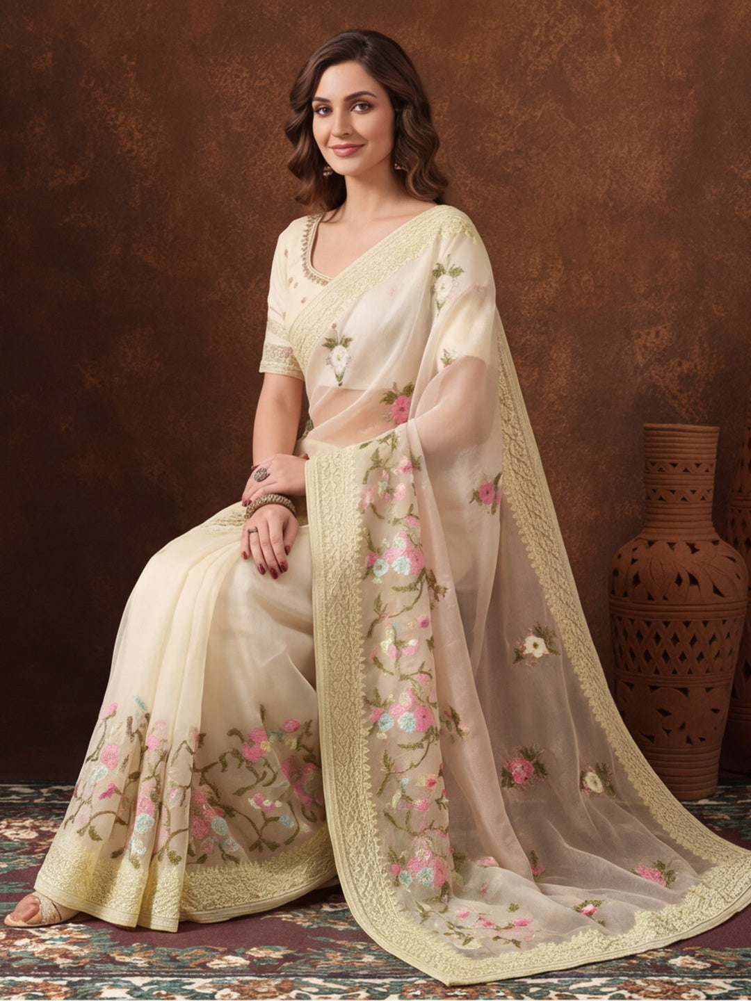 Light Yellow Organza Saree with Delicate Embroidered Designs by Jaipur Kurti