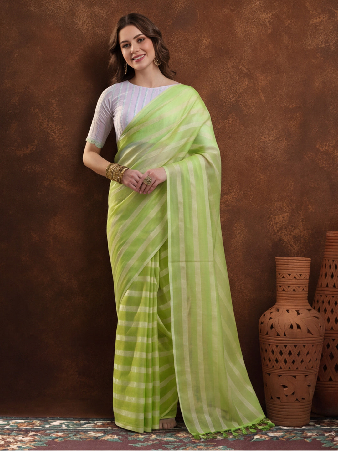 Pista Green Vichitra Silk Printed Saree for Women by Jaipur Kurti