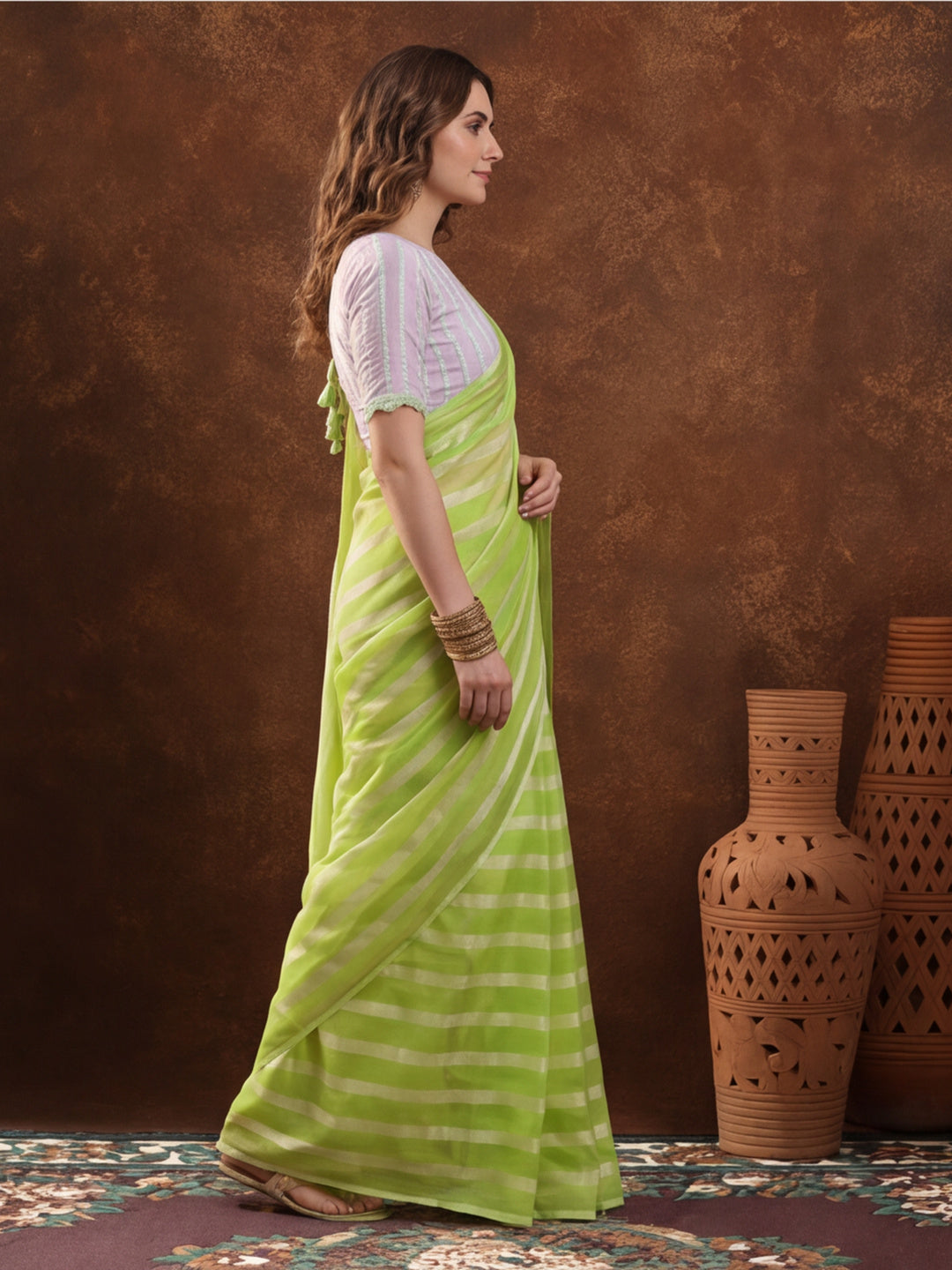 Pista Green Vichitra Silk Printed Saree for Women by Jaipur Kurti