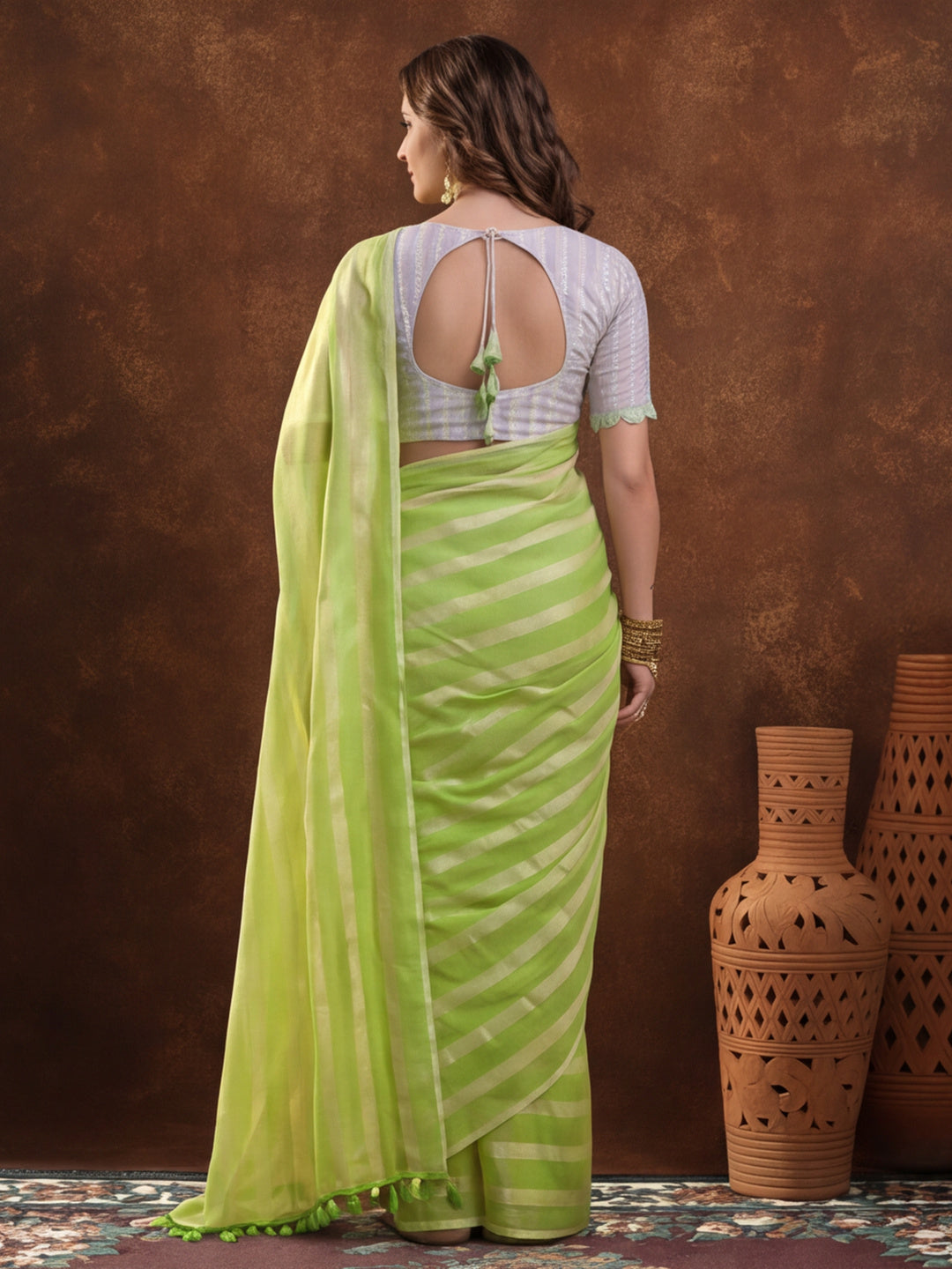 Pista Green Vichitra Silk Printed Saree for Women by Jaipur Kurti