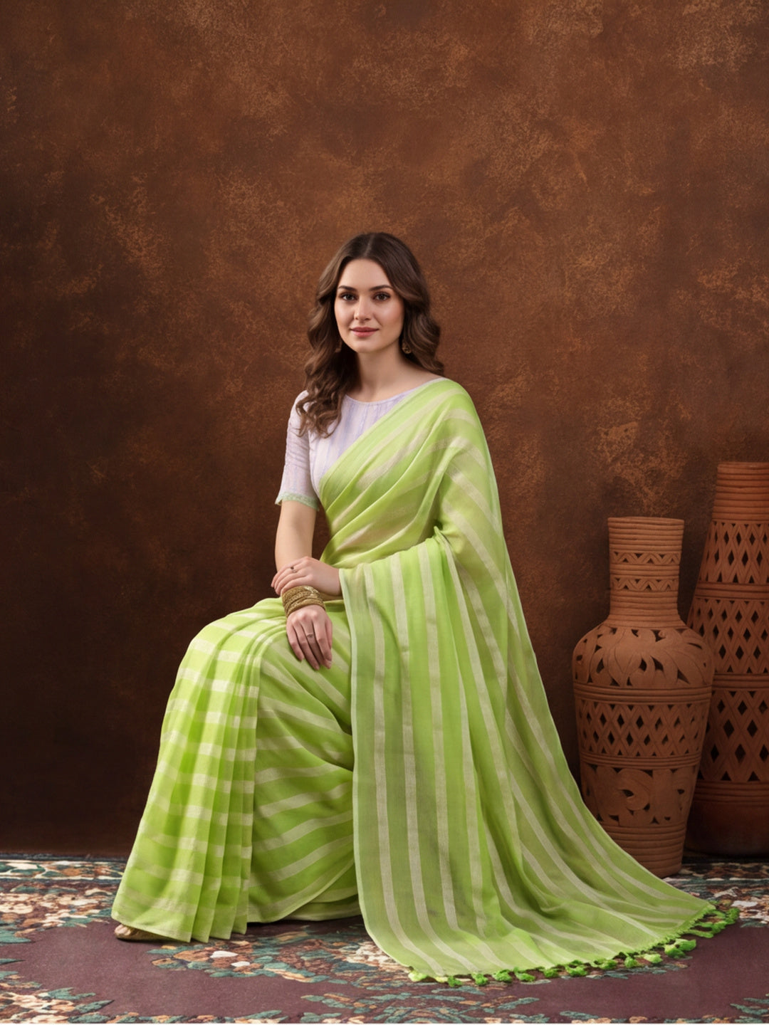 Pista Green Vichitra Silk Printed Saree for Women by Jaipur Kurti