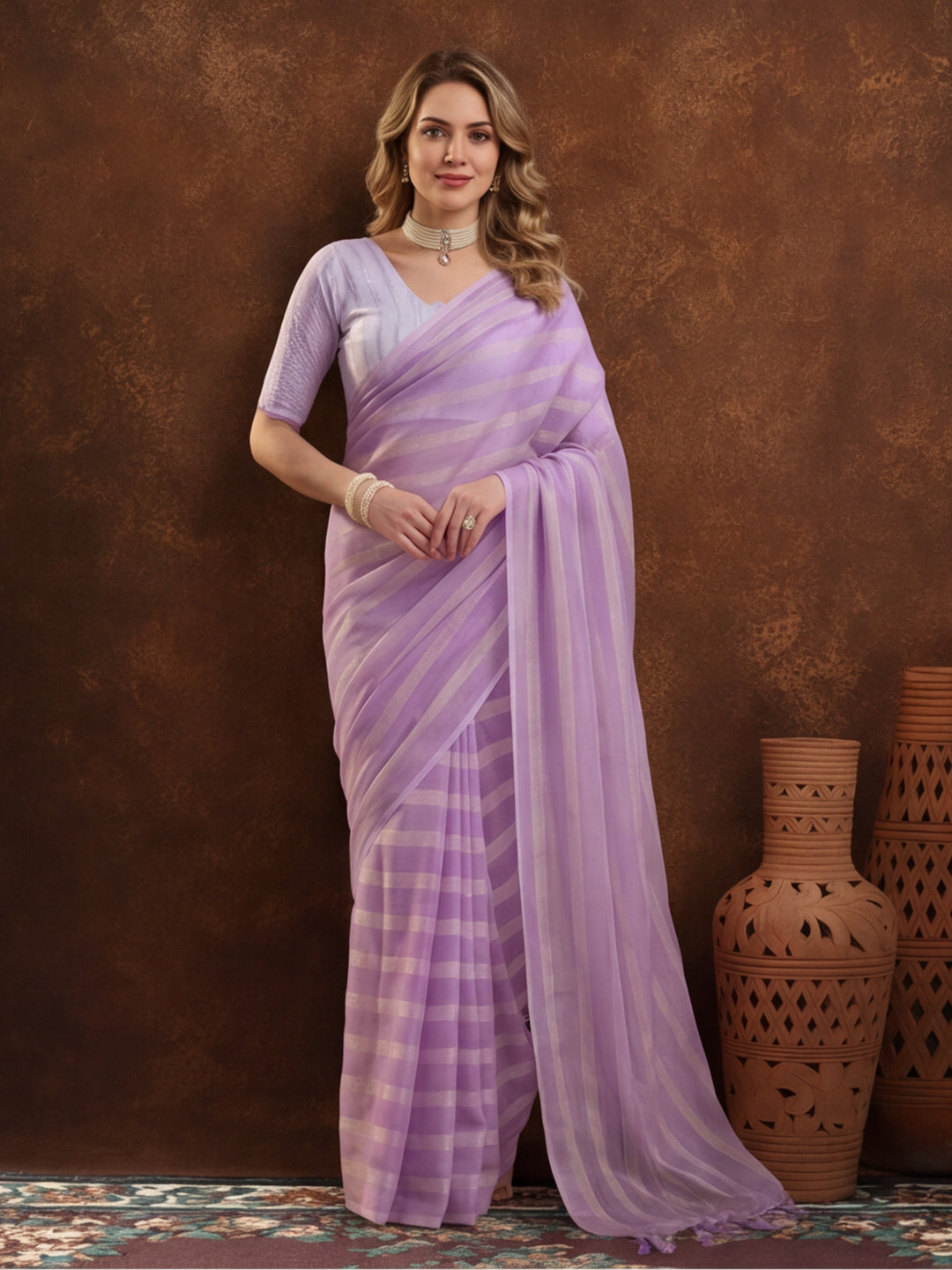 Lavender Vichitra Silk Printed Saree for Women by Jaipur Kurti