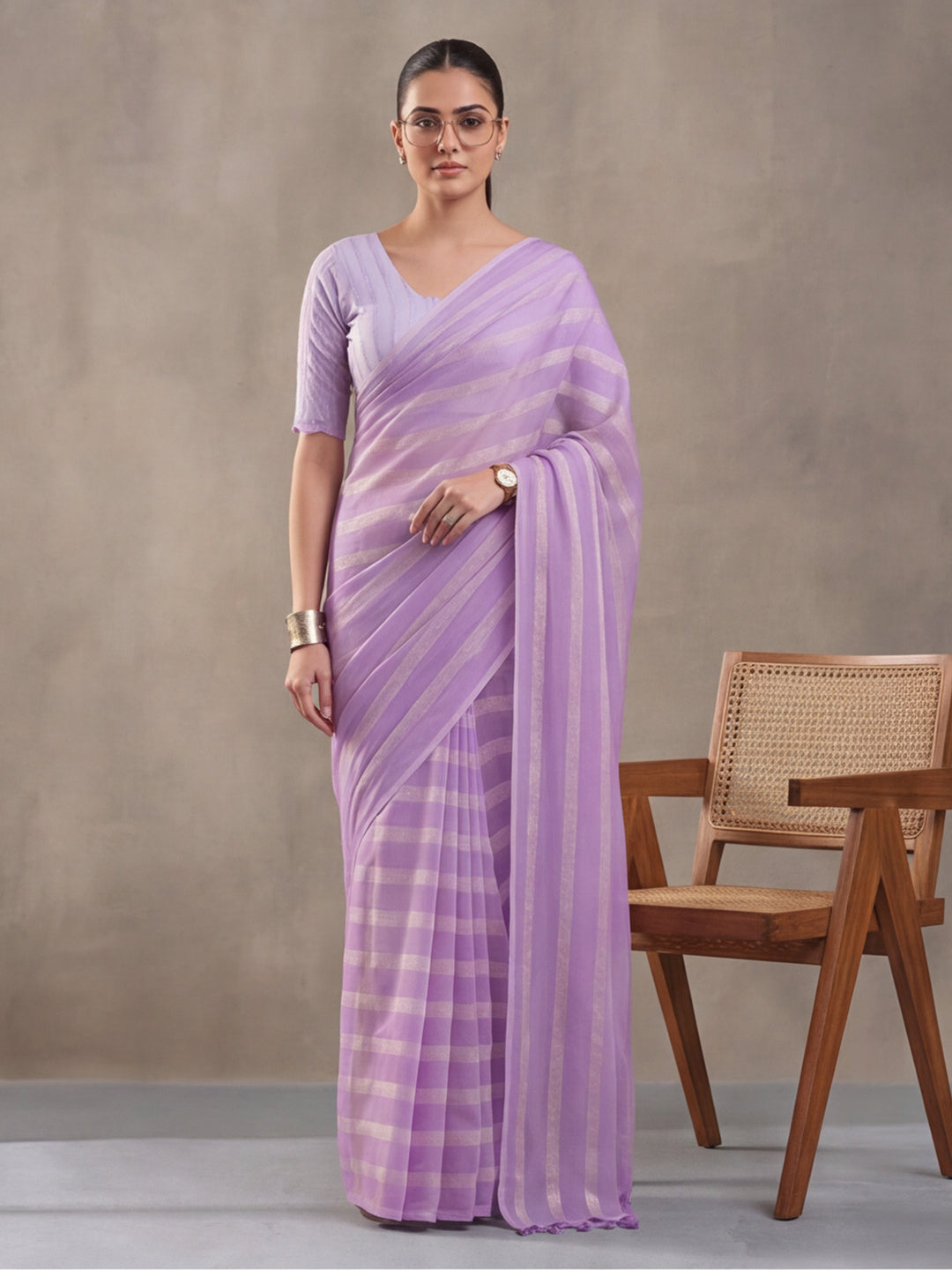 Lavender Vichitra Silk Printed Saree for Women by Jaipur Kurti