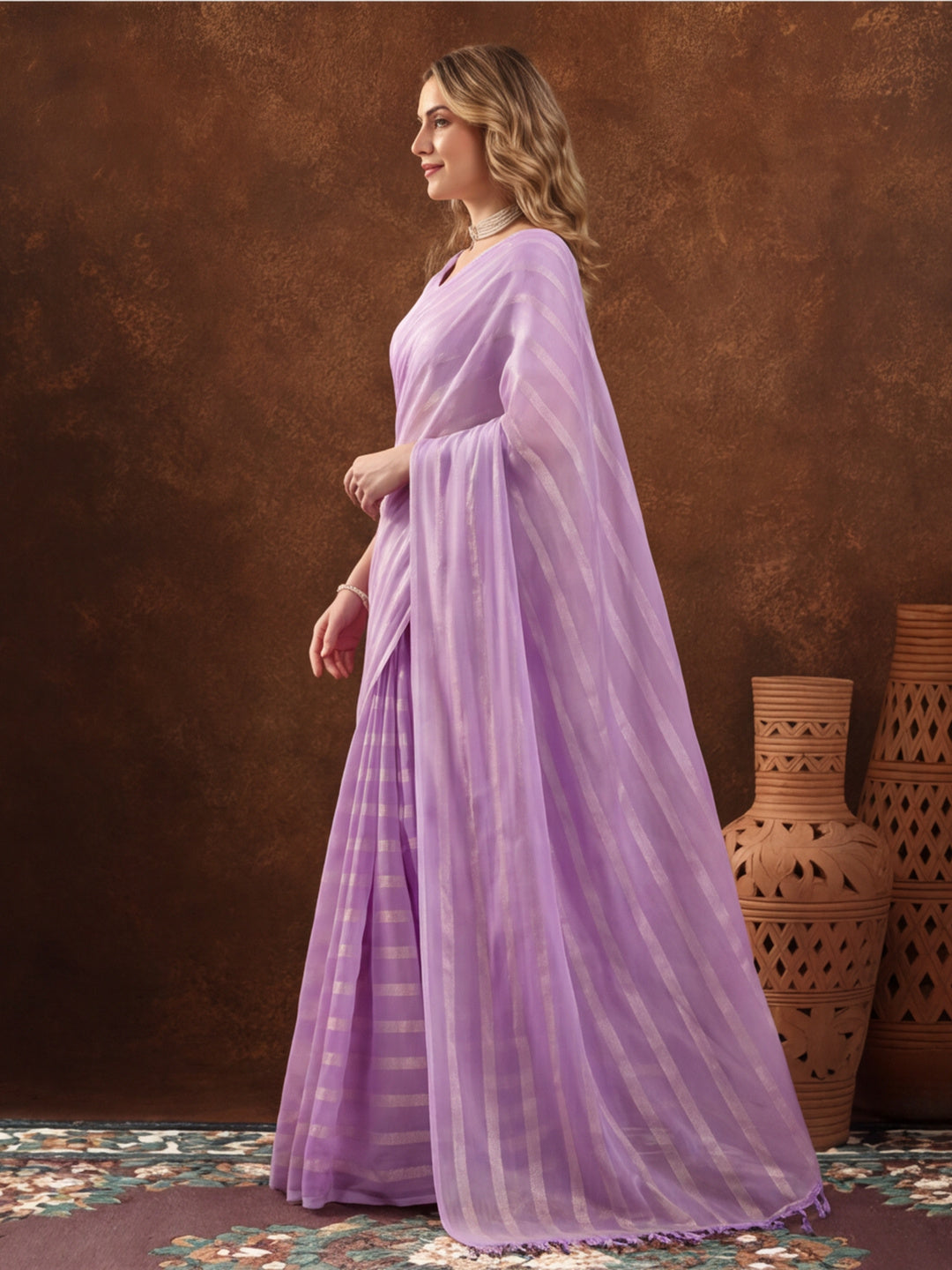 Lavender Vichitra Silk Printed Saree for Women by Jaipur Kurti