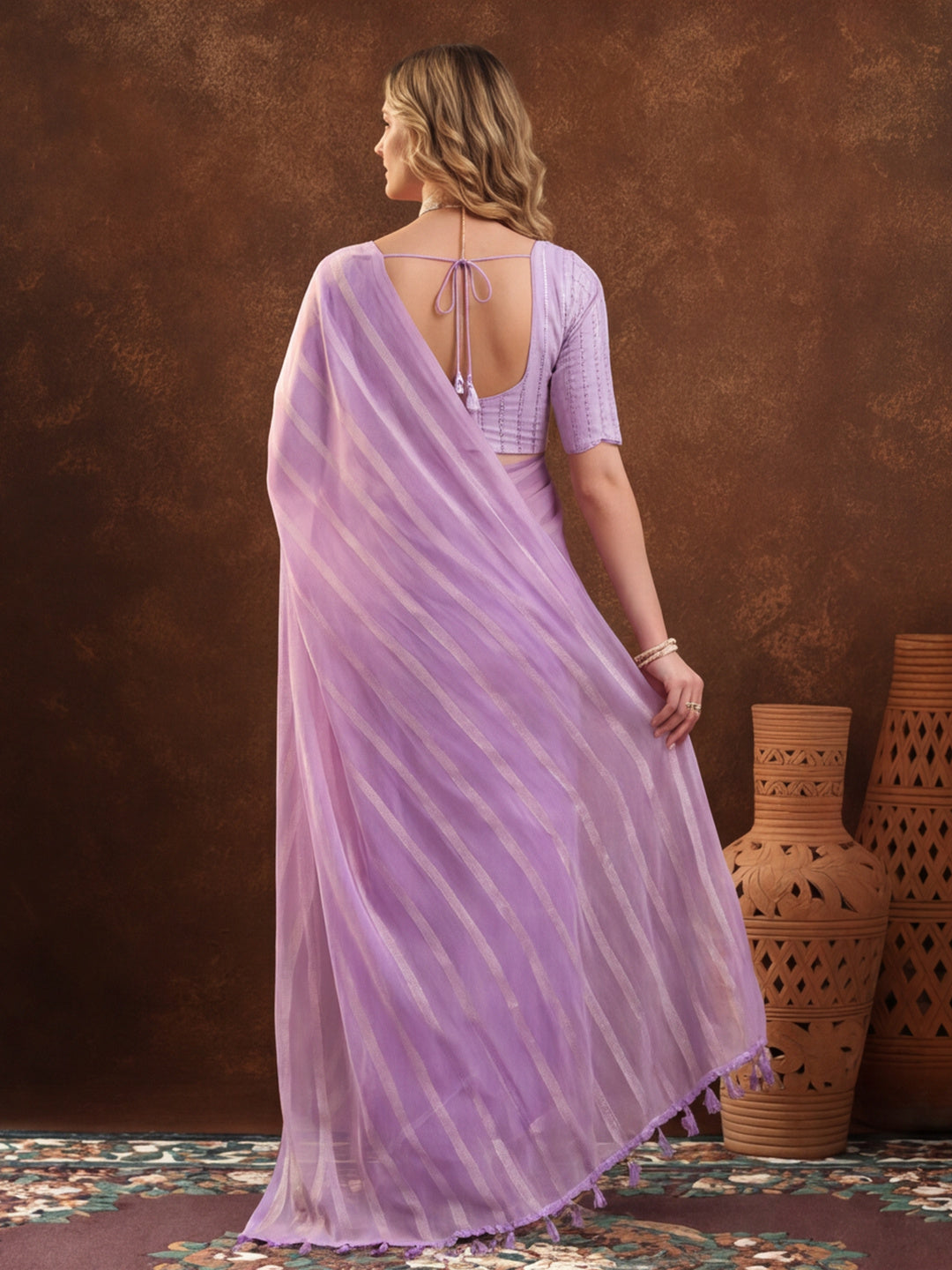 Lavender Vichitra Silk Printed Saree for Women by Jaipur Kurti