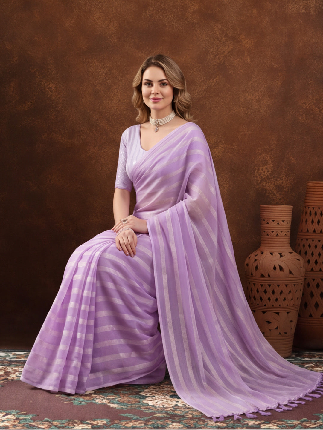 Lavender Vichitra Silk Printed Saree for Women by Jaipur Kurti