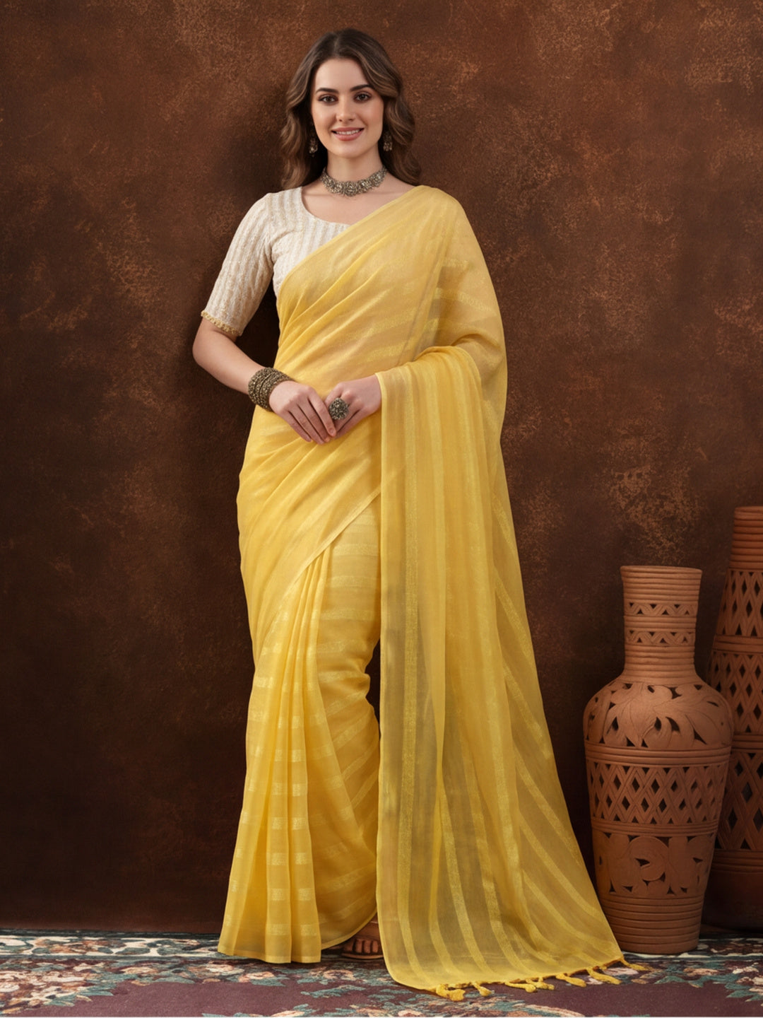 Yellow Vichitra Silk Printed Saree for Women by Jaipur Kurti