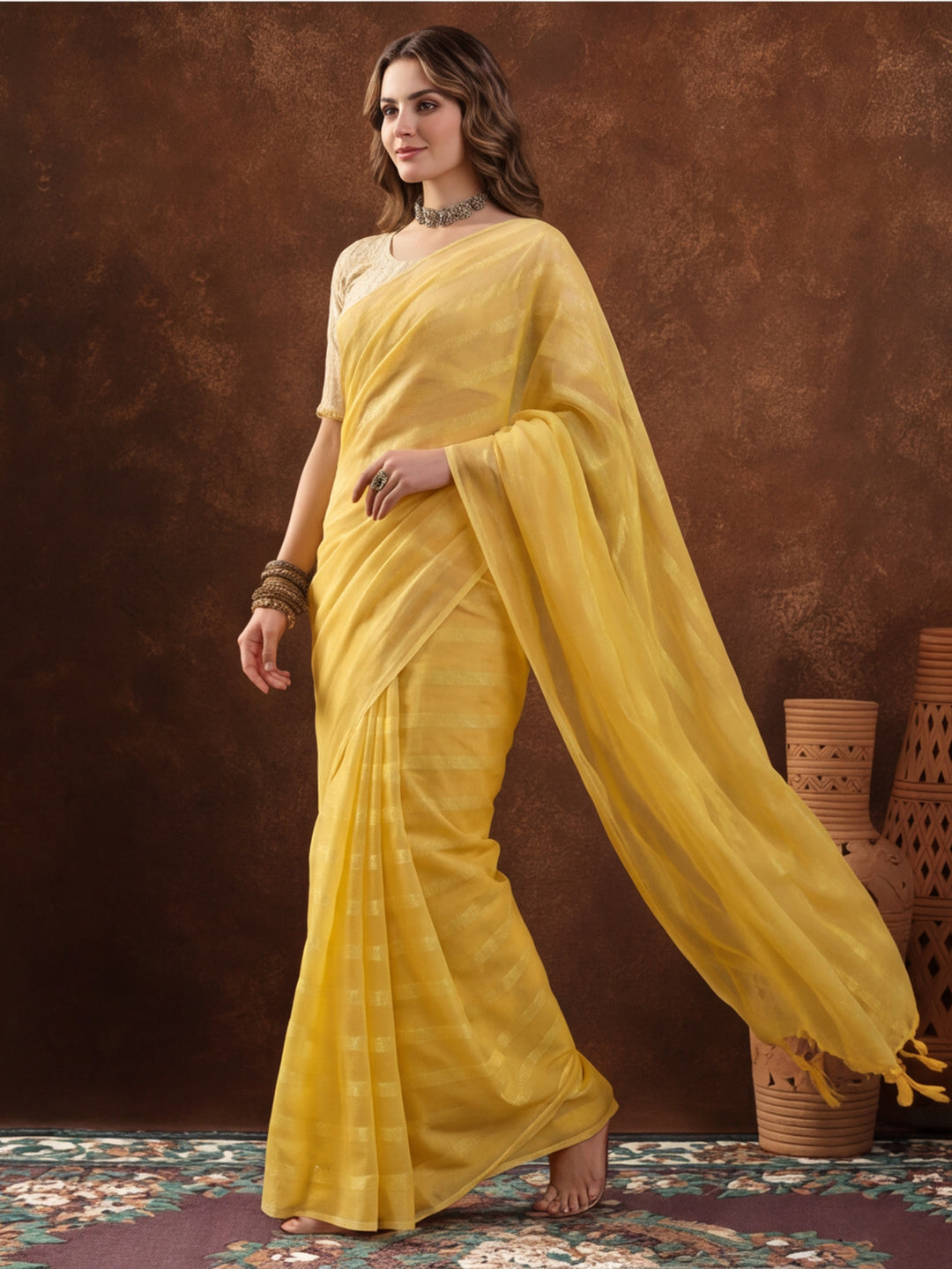 Yellow Vichitra Silk Printed Saree for Women by Jaipur Kurti