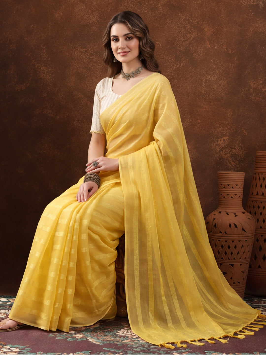 Yellow Vichitra Silk Printed Saree for Women by Jaipur Kurti
